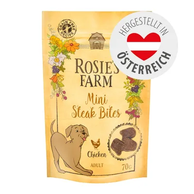 Rosie's Farm Mini Steak Bites Chicken Adult, 70g, Grain Free Recipe. Hergestellt in Österreich. Rosie's Farm Mini Steak Bites Chicken Adult, 70g, Grain Free Recipe. Hergestellt in Österreich.
