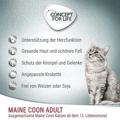 CONCEPT FOR LIFE. Unterstützung der Herzfunktion, Gesunde Haut und schönes Fell, Schutz der Knorpel und Gelenke, Angepasste Krokette, Frei von Weizen oder Soja. MAINE COON ADULT.