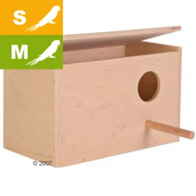 Nichoir en bois avec perchoir, ouverture ronde et couvercle relevé. Icônes oiseaux tailles S et M visibles en haut à gauche.