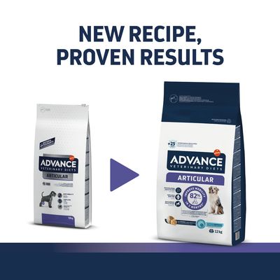ADVANCE Veterinary Diets Articular kutyatáp régi és új csomagolása, angol szöveg: NEW RECIPE, PROVEN RESULTS. Mindkét zsákon 12 kg felirat látható.