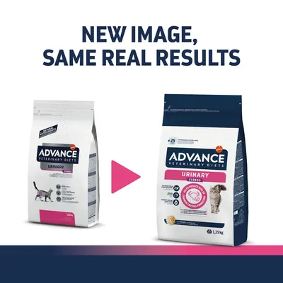 Advance Veterinary Diets Urinary Stress macskaeledel régi és új csomagolása, 1,25 kg. Felirat: NEW IMAGE, SAME REAL RESULTS.