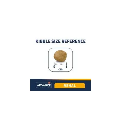 Kibble size reference showing one piece, approx. 1 cm diameter. Text: ADVANCE Veterinary Diets RENAL.