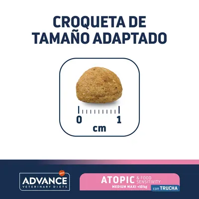 Croqueta de tamaño adaptado, diámetro visible de 1 cm. Texto: ADVANCE VETERINARY DIETS, ATOPIC & FOOD SENSITIVITY MEDIUM MAXI +10 kg con trucha.