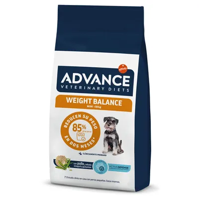 Advance Veterinary Diets Weight Balance MINI <10 kg. Reducen su peso 85% de los perros en dos meses. Con pollo, cebada integral y guisantes. Active Defense. Clínicamente probado. Advance Veterinary Diets Weight Balance MINI <10 kg. Reducen su peso 85% de los perros en dos meses. Con pollo, cebada integral y guisantes. Active Defense. Clínicamente probado.