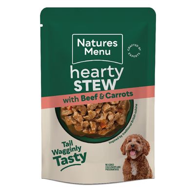Natures Menu hearty stew with beef and carrots, tail waggingly tasty, no added colourants or preservatives, inspired by traditional British cuisine.