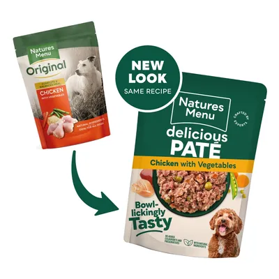 Packaging change from Natures Menu Original Chicken with Vegetables to Natures Menu Delicious Paté Chicken with Vegetables. Label states new look, same recipe.
