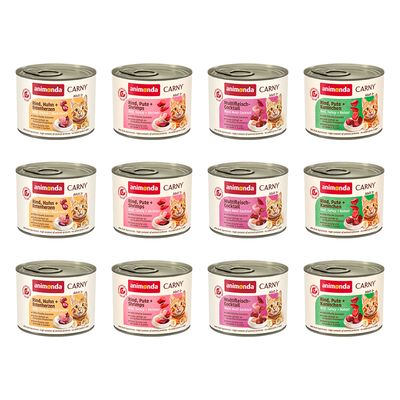 animonda Carny Adult Rind pur, 24 x 200g cans. Label shows '100% frische Zutaten • Ohne Getreide • Made in Germany' and image of beef chunks. Large red badge: 24x 200g.