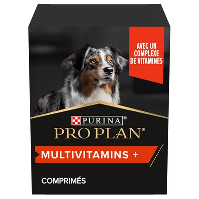 Boîte de comprimés Purina Pro Plan Multivitamins+ avec texte visible : 'Avec un complexe de vitamines'. Marque et nom du produit clairement affichés sur l’emballage.