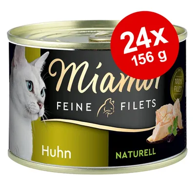 Miamor Feine Filets Huhn Naturell 24x156 g dåsekattemad, billede viser hvid kat og kyllingestykker. Tekst: 100% Filet.
