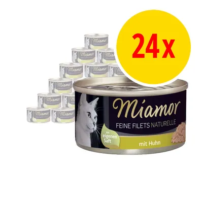 Miamor Feine Filets Naturelle mit Huhn, 24x. Text på burken: im eigenen Saft. Bild på katt och kycklingkött synligt på etiketten.