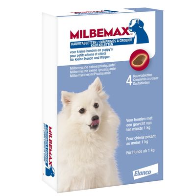 Milbemax kauwtabletten voor kleine honden en puppy’s, 4 tabletten. Voor honden vanaf 1 kg. Werkzame stoffen: Milbemycine oxime, Praziquantel. Merk: Elanco.