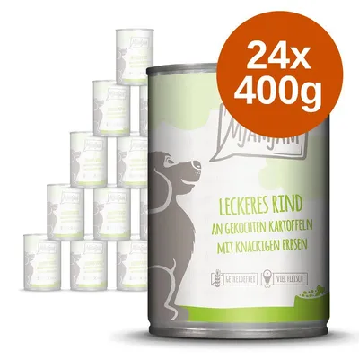 Mjamjam Leckeres Rind an gekochten Kartoffeln mit knackigen Erbsen, 24×400g konzerv. Text: getreidefrei, viel Fleisch.