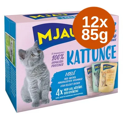 Mjau Kattunge 12x85g, 100 % animaliska proteiner, i gelé med lax, nötfärs och kyckling. Utan tillsatt socker, med viktiga mineraler och vitaminer.