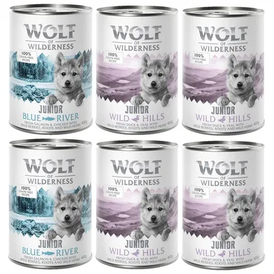Wolf of Wilderness Junior hrană umedă, sortimente Blue River cu somon și pui și Wild Hills cu rață și vițel, rețetă 100% fără cereale, conserve 400g.