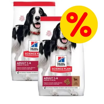 Due confezioni di Hill's Science Plan Adult 1-6 Medium 11–25 kg per cani, offerta evidenziata da simbolo percentuale giallo. Immagine del cane e crocchette visibili sulla confezione.