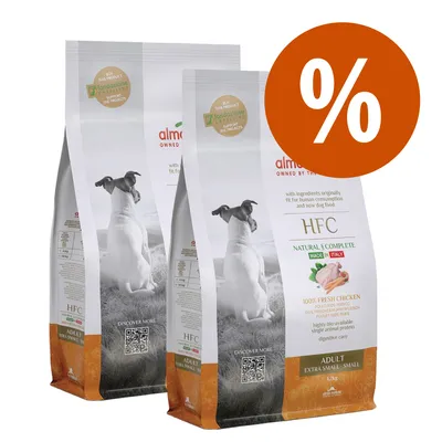 Due confezioni di Almo Nature HFC Adult Extra Small-Small 1,2 kg con pollo fresco, scritta 'MADE IN ITALY', simbolo percentuale arancione per offerta visibile sull'immagine.