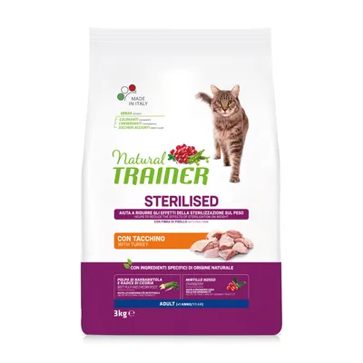 Natural Trainer Sterilised z indykiem, 3 kg. Bez barwników, konserwantów i cukrów dodanych. Z burakiem i żurawiną. Dla dorosłych kotów po sterylizacji. Made in Italy.