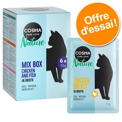 Cosma Pure Love Nature Mix Box, 6 x 50 g, poulet et poisson en bouillon, 100 % ingrédients naturels. Offre d’essai visible sur l’emballage. Cosma Pure Love Nature Mix Box, 6 x 50 g, poulet et poisson en bouillon, 100 % ingrédients naturels. Offre d’essai visible sur l’emballage.