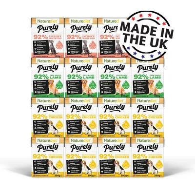 Naturediet Purely packs with 92% meat content in salmon and white fish, free range lamb, and British farmed chicken varieties. Label states 'Made in the UK'. Naturediet Purely packs with 92% meat content in salmon and white fish, free range lamb, and British farmed chicken varieties. Label states 'Made in the UK'.