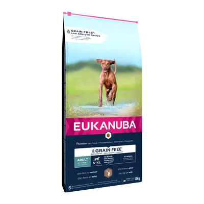 Grain free, low allergen dry food for adult pets, suitable for all breeds and weights, rich in venison. 12kg bag.