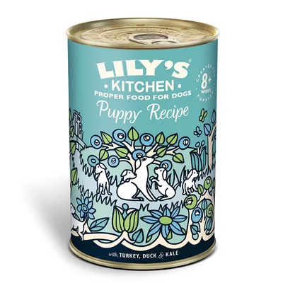 Lily's Kitchen Proper Food for Dogs Puppy Recipe tin, created for puppies 8+ weeks, with turkey, duck & kale. Blue and cream label with illustrated dogs and plants.