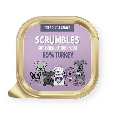 Scrumbles gut friendly dog food for adult and senior dogs, 65% turkey, as shown on product packaging.