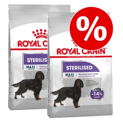 2 sacos de Royal Canin Sterilised Maxi para perros, texto visible: Maintains Ideal Weight, -14% calories, imagen de perro grande y símbolo de porcentaje en círculo rojo. 2 sacos de Royal Canin Sterilised Maxi para perros, texto visible: Maintains Ideal Weight, -14% calories, imagen de perro grande y símbolo de porcentaje en círculo rojo.
