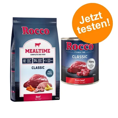 Rocco Mealtime Classic Hundefutter, 12kg Trockenfutter und 800g Nassfutter. Getreidefrei, 100% frische Zutaten, reich an Rindfleisch. Jetzt testen!