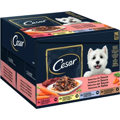 Cesar Selection in Sauce natvoer voor honden, 24x100g. Smaken: rund met wortel, kip met groenten, lam met erwt, kalkoen met wortel. Gemaakt met natuurlijke ingrediënten, 100% compleet.