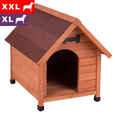 Niche en bois avec toit à tuiles rouges, tailles XL et XXL indiquées en haut à gauche par des pictogrammes de chiens et textes « XXL » et « XL » visibles.