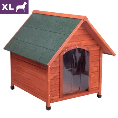 Niche en bois pour chien, taille XL visible en haut à gauche, toit vert, porte avec lamelles transparentes. Pieds surélevés et structure en bois apparent. Niche en bois pour chien, taille XL visible en haut à gauche, toit vert, porte avec lamelles transparentes. Pieds surélevés et structure en bois apparent.