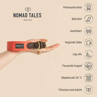 Nomad Tales München hundhalsband i orange och brunt veganskt läder hålls i en hand. Text: Premiumkvalitet, bekvämt, justerbart, veganskt läder, låg vikt, maskintvätt 30 °C, tillverkat med kärlek.