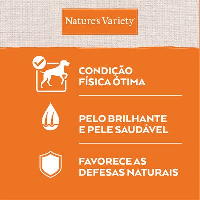 Nature's Variety. Condição física ótima, pelo brilhante e pele saudável, favorece as defesas naturais.