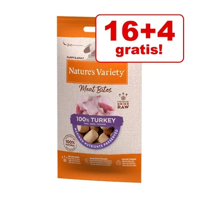 Pachet Nature's Variety Meat Bites 100% Turkey, promoție 16+4 gratis, pentru câini Puppy & Adult. Text vizibil: Freeze Dried Raw, Maximum Nutrients Preserved, 100% natural. Pachet Nature's Variety Meat Bites 100% Turkey, promoție 16+4 gratis, pentru câini Puppy & Adult. Text vizibil: Freeze Dried Raw, Maximum Nutrients Preserved, 100% natural.