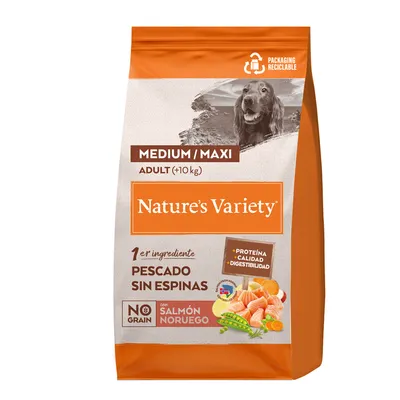 Pienso Nature’s Variety Medium/Maxi Adult (+10 kg), pescado sin espinas, con salmón noruego. No grain. Envase reciclable. Proteína, calidad y digestibilidad.