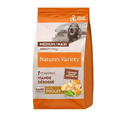 Sac Nature’s Variety Medium/Maxi Adult (+10 kg), 1er ingrédient viande désossée, sans céréales, avec du poulet, emballage recyclable, protéines qualité digestibilité