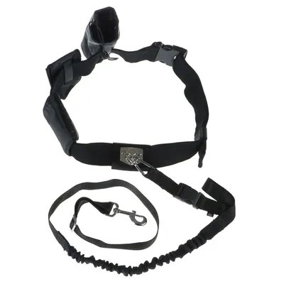 Schwarzer Laufgurt mit verstellbarem Gürtel, Metallkarabiner und elastischer Leine. Geeignet für freihändiges Laufen oder Joggen mit Hund.