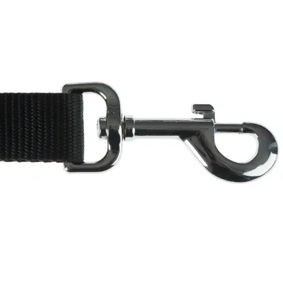 Mousqueton en métal argenté fixé à une sangle noire tissée, partie d’une laisse pour animal. Matériaux visibles : métal et tissu.