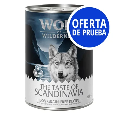 Wolf of Wilderness The Taste of Scandinavia, 400 g, receta sin cereales con salmón, reno, pollo y arándanos. Etiqueta azul: OFERTA DE PRUEBA.