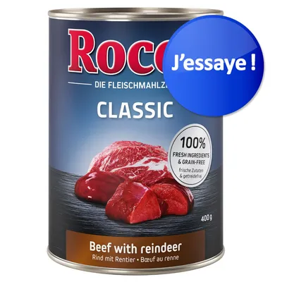 Rocco Classic, 400 g, Bœuf au renne. Texte visible : 100 % fresh ingredients & grain-free. Pastille bleue avec texte : J’essaie !