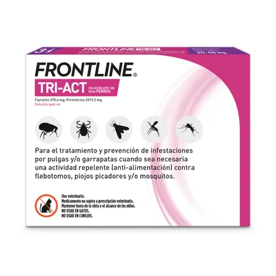 Frontline Tri-Act solución para perros para tratar y prevenir parásitos como pulgas, garrapatas, mosquitos. No apto para gatos o conejos. Solo uso veterinario.