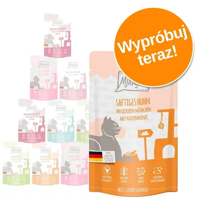 Opakowanie karmy MjAMjAM Saftiges Huhn, widoczny napis po niemiecku oraz pomarańczowe kółko z tekstem „Wypróbuj teraz!”