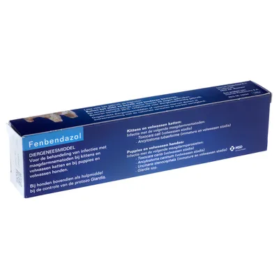 Verpakking Fenbendazol diergeneesmiddel. Voor behandeling van maag-darmnematoden bij kittens, volwassen katten, puppies en honden. Tekst over indicaties en gebruik zichtbaar op de doos.