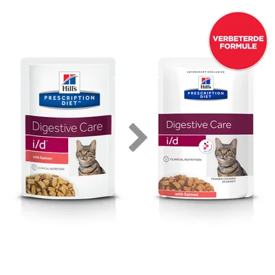 Hill's Prescription Diet Digestive Care i/d with Salmon kattenvoer, oude en nieuwe verpakking, rode cirkel met tekst 'Verbeterde formule'.