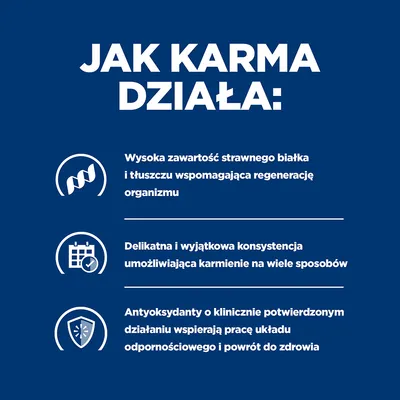 Jak karma działa: wysoka zawartość strawnego białka i tłuszczu, delikatna konsystencja, antyoksydanty wspierające układ odpornościowy. Tekst w języku polskim.