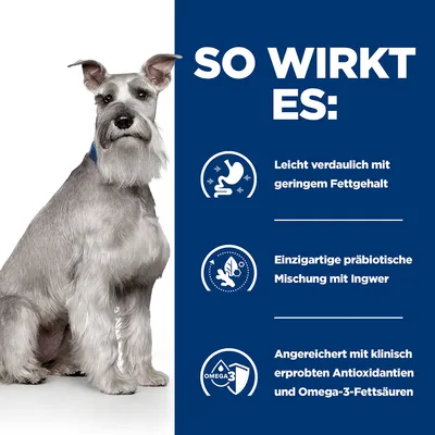 SO WIRKT ES: Leicht verdaulich mit geringem Fettgehalt. Einzigartige präbiotische Mischung mit Ingwer. Angereichert mit klinisch erprobten Antioxidantien und Omega-3-Fettsäuren. Текст на немецком.