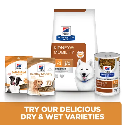 Hill's Prescription Diet Kidney + Mobility k/d j/d suha i mokra hrana, Soft-Baked Biscuits, Healthy Mobility Treats; tekst na engleskom: TRY OUR DELICIOUS DRY & WET VARIETIES