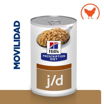 Lata de Hill's Prescription Diet j/d, texto visible: MOVILIDAD, imagen de comida húmeda y símbolo de pollo en la esquina superior derecha.