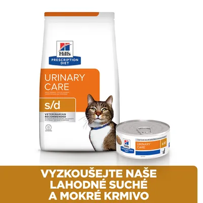 Hill's Prescription Diet URINARY CARE s/d pro kočky, balení suchého a mokrého krmiva. Text: VYZKOUŠEJTE NAŠE LAHODNÉ SUCHÉ A MOKRÉ KRMIVO.