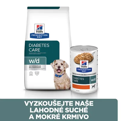 Hill's Prescription Diet Diabetes Care w/d suché a mokré krmivo, nápis: VYZKOUŠEJTE NAŠE LAHODNÉ SUCHÉ A MOKRÉ KRMIVO. Obaly s viditelnými názvy produktů.